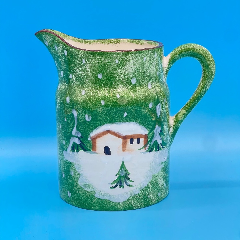Vintage Macys The Cellar Log Cabin Large 56 oz Ceramic Pitcher Holiday Christmas